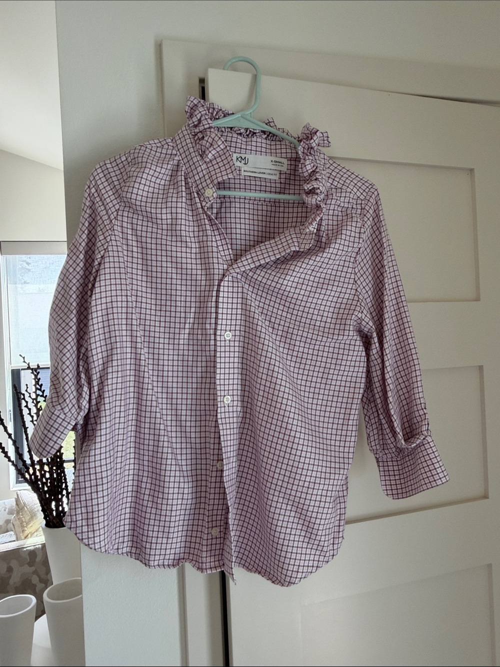 KMJ southern lover Checked Ruffle Collar Shirt - Pink/White